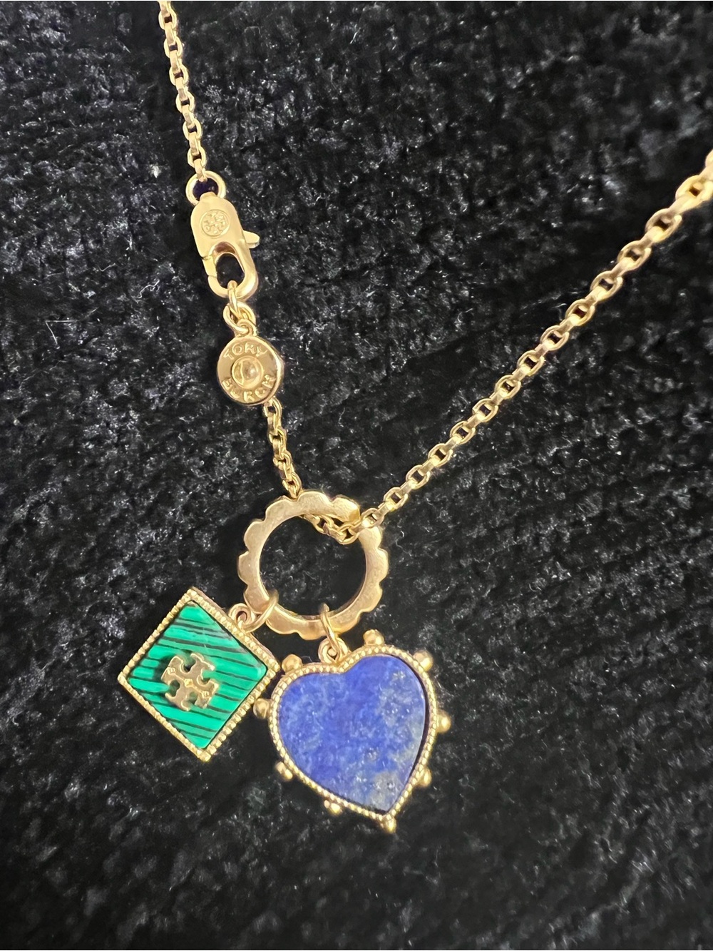 Tory Burch Gold-Tone Necklace with Blue Heart and Green Enamel Square Charms